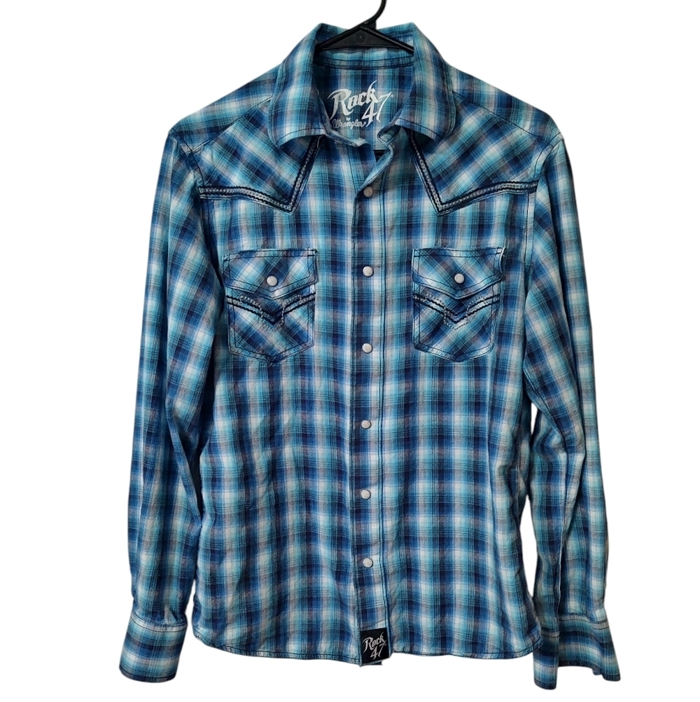 Wrangler Rock 47 Navy And Aqua Blue Plaid Pearl Snap Button Down Shirt - Picture 2 of 6